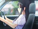  1girl black_hair blue_eyes car driving game_cg hoshizora_e_kakaru_hashi long_hair smile tree yorozu_senka 