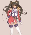  adult anise_tatlin azuki-azuki black_hair brown_eyes coat gloves long_hair payot pink_background skirt smile solo tales_of_(series) tales_of_the_abyss thigh-highs thighhighs tokunaga twintails white_gloves white_legwear 