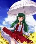  alternate_hair_length alternate_hairstyle ascot blue_sky closed_eyes cloud clouds dress_shirt fang flower flower_field green_hair kazami_yuuka kazami_yuuka_(pc-98) kt2 long_hair parasol plaid plaid_skirt plaid_vest shirt skirt skirt_hold skirt_lift skirt_set sky smile solo sunflower touhou touhou_(pc-98) umbrella vest youkai 