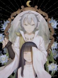  1boy 1girl abstract_background absurdres ahoge artist_name ayomi bare_shoulders behind_another black_background blue_eyes blunt_bangs chest_tattoo closed_mouth collarbone commentary couple covering_another's_eye crescent_moon curly_hair fingerless_gloves floral_background flower gloves grey_hair hair_between_eyes high_collar highres hyuuga_hinata japanese_clothes light_smile long_hair long_sleeves looking_at_viewer mitsudomoe_(shape) moon naruto_(series) no_pupils ootsutsuki_toneri purple_hair robe shade sleeveless straight_hair string tattoo tomoe_(symbol) upper_body violet_eyes white_robe wide_sleeves 