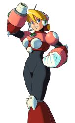  1girl absurdres alia_(mega_man) android arm_cannon armor blonde_hair blue_eyes chest_jewel clenched_hand clenched_teeth diegodoodles gloves helmet highres jewelry looking_at_viewer mega_man_(series) mega_man_x_(series) navigator official_style pink_armor pink_helmet robot_ears robot_girl sensei_haruki_suetsugu_(style) short_hair simple_background smile solo speaking_tube_headset teeth weapon white_background white_gloves 