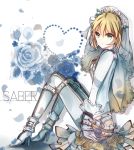  ahoge blonde_hair blue_rose bodysuit fate/extra fate/extra_ccc fate_(series) flower gloves green_eyes heart high_heels kure22 rose saber_bride saber_extra shoes sitting solo veil 