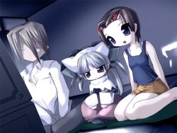  1boy 2000s_(style) 2girls blue_camisole blunt_bangs breasts brown_hair camisole capelet closed_eyes closed_mouth collarbone collared_shirt cushion dress game_cg grey_dress grey_eyes grey_hair grey_hat hair_between_eyes hair_ornament hairclip hat indoors kenki_fujioka long_hair long_sleeves magical_girl majo_no_ochakai multiple_girls night non-web_source official_art open_mouth parted_bangs ponika_(majo_no_ochakai) raised_inner_eyebrows shirt short_hair shorts side-by-side sitting sleeves_rolled_up small_breasts smile television twintails violet_eyes wariza watching_television white_capelet white_shirt yellow_shorts yuuhi_megumi_(majo_no_ochakai) zabuton 