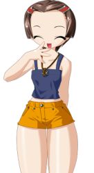  1girl 2000s_(style) :d blue_camisole breasts brown_hair camisole closed_eyes collarbone cowboy_shot game_cg hair_ornament hairclip hand_up jewelry kenki_fujioka large_variant_set lowres majo_no_ochakai necklace non-web_source official_art open_hand open_mouth parted_bangs short_hair short_shorts shorts simple_background small_breasts smile solo spread_fingers standing tachi-e thighs transparent_background variant_set yellow_shorts yuuhi_megumi_(majo_no_ochakai) 