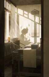  1girl arknights book calligraphy_brush chair commentary_request curtains dragon_horns dragon_statue ek276 hanging_scroll highres holding holding_brush horns jie_(arknights) on_chair paintbrush scroll shadow sitting solo statue table window 