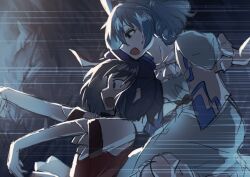  2girls black_eyes blue_dress blue_hair commentary_request dress from_side hat jiangshi kaku_seiga miyako_yoshika multiple_girls ofuda open_mouth outstretched_arms puffy_short_sleeves puffy_sleeves short_hair short_sleeves tateworyyyyyy touhou vest zombie_pose 