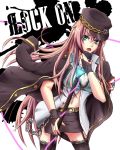  aqua_eyes belt black_gloves black_legwear breasts chain chains cleavage fingerless_gloves gloves hat index39 jacket long_hair megurine_luka microphone microphone_stand navel open_mouth pink_hair skirt solo thigh-highs thighhighs vocaloid 