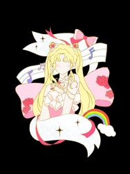  1girl back_bow bare_shoulders bead_armlet bead_necklace beads black_background blonde_hair blunt_bangs bow chinese_commentary commentary_request commission cone_hair_bun cropped_torso double_bun dreamtime_bestowed_(infinity_nikki) dress faceless faceless_female floral_print flower frilled_dress frills hair_bow hair_bun hair_ornament heart heart_hair_ornament highres infinity_nikki jewelry large_bow light_blush long_hair long_sidelocks musical_note musical_staff neck_ribbon necklace nikki_(series) parted_bangs pink_bow pink_dress pink_ribbon print_bow rainbow red_flower red_rose ribbon rose sidelocks sleeveless sleeveless_dress solo spaghetti_strap sparkle sprinkles tang_fan textless_version twintails very_long_hair wavy_hair white_bow white_ribbon 