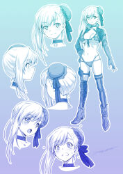  1girl amamiya_elena american_flag american_flag_bikini american_flag_print artist_name asymmetrical_hair bikini blue_theme boots breasts bun_cover choker closed_mouth commentary fate/grand_order fate_(series) flag_print flag_print_bikini front-tie_bikini_top front-tie_top frown gradient_theme grimace hair_bun halterneck hand_on_own_hip highres kazuma_muramasa large_breasts long_hair looking_at_viewer miyamoto_musashi_(fate) miyamoto_musashi_(swimsuit_berserker)_(fate) miyamoto_musashi_(swimsuit_berserker)_(second_ascension)_(fate) monochrome multi-strapped_bikini_bottom multiple_expressions navel open_mouth print_bikini shrug_(clothing) signature single_hair_bun smile sweatdrop swimsuit thigh-highs 