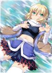  ahoge arm_warmers bare_shoulders bentoss_detritus blonde_hair blush breasts green_eyes lying midriff mizuhashi_parsee navel off_shoulder on_back pointy_ears short_hair skin_tight skirt solo thigh-highs thighhighs touhou water white_legwear zettai_ryouiki 