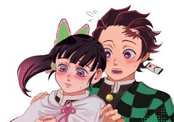  1boy 1girl black_hair butterfly_hair_ornament checkered_haori commentary demon_slayer_uniform earrings flying_sweatdrops hair_ornament hanafuda_earrings hands_on_another's_shoulders haori highres japanese_clothes jewelry kamado_tanjirou kimetsu_no_yaiba m1rimorinku open_mouth purple_hair red_hair scar scar_on_face scar_on_forehead side_ponytail sweat tsuyuri_kanao watermark white_haori 