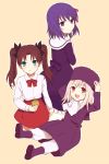  blue_eyes blush boots brown_hair child coat dress empty_eyes fate/zero fate_(series) fuchi_(rakugaki-chou) hair_ribbon hat illyasviel_von_einzbern long_hair matou_sakura multiple_girls purple_eyes purple_hair red_eyes ribbon short_hair tohsaka_rin toosaka_rin twintails violet_eyes white_hair young 