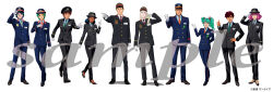  5boys 5girls amuro_ray artist_request black_jacket black_pants blue_jacket blue_pants char's_counterattack char_aznable four_murasame gigi_murin gundam gundam:_hathaway's_flash gundam_zz haman_karn hathaway_noa highres in-franchise_crossover jacket japan_railways judau_ashta kamille_bidan lalah_sune mobile_suit_gundam multiple_boys multiple_girls official_art pants quess_paraya salute sample_watermark third-party_source train_conductor watermark zeta_gundam 