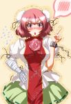  bandage bandages blush breasts bun_cover chain chains chinese_clothes cuffs double_bun flower hand_on_hip harukahime highres ibaraki_kasen index_finger_raised nervous open_mouth pink_eyes pink_hair raised_finger rose short_hair skirt solo spoken_blush tabard touhou trembling zan_(harukahime) 