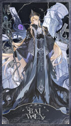  1boy absurdres ascot bai_wen bat_wings belt black_background black_cape black_gloves black_hat black_robe blonde_hair border broken_pillar cape chain character_name chinese_commentary clerical_collar commentary_request copyright_name cross curtained_hair disembodied_eye full_body gloves greek_cross grey_border grey_scarf hand_on_own_chest hat head_wings highres holding holding_staff latin_cross long_hair long_sleeves male_focus manta_(maoer_entertainment) mitre monocle monster official_art parted_bangs parted_lips robe scarf silver_belt solo staff standing stole tentacles tentacles_under_clothes torn_ascot torn_clothes torn_wings very_long_hair white_ascot wide_sleeves wings yellow_eyes 