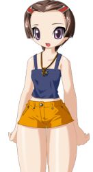  1girl 2000s_(style) blue_camisole breasts brown_hair camisole collarbone cowboy_shot game_cg hair_ornament hairclip jewelry kenki_fujioka large_variant_set looking_at_viewer lowres majo_no_ochakai necklace non-web_source official_art open_mouth parted_bangs short_hair short_shorts shorts simple_background small_breasts solo standing tachi-e thighs transparent_background tsurime variant_set violet_eyes yellow_shorts yuuhi_megumi_(majo_no_ochakai) 