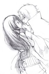  1boy 1girl absurdres bare_arms bare_shoulders blunt_bangs commentary couple fingerless_gloves from_side gloves hair_between_eyes hetero high_collar highres hyuuga_hinata implied_ass_grab kimidori_(kimidoriri) leaning_back leaning_forward long_hair long_sleeves looking_at_another looking_down looking_up monochrome naruto:_the_last naruto_(series) ootsutsuki_toneri parted_lips simple_background sleeveless white_background wide-eyed 