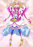  arudebido boots choker dress elbow_gloves frills gloves heart long_hair magical_girl multicolored_hair original pink_background pink_hair precure quad_tails smile solo thigh-highs thighhighs twintails two-tone_hair white_gloves yellow_eyes 