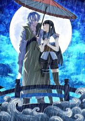  1boy 1girl absurdres ahoge artist_request bare_arms black_hair blue_background blue_eyes blue_sky blunt_bangs boots chinese_commentary commentary_request couple curly_hair fingerless_gloves full_body full_moon gloves glowing glowing_eyes hair_between_eyes hand_on_another's_shoulder hetero highres holding holding_umbrella hyuuga_hinata japanese_clothes knee_boots leaning_on_person leaning_to_the_side long_hair long_sleeves looking_to_the_side looking_up moon moonlight naruto:_the_last naruto_(series) night ocean ootsutsuki_toneri outdoors own_hands_together parted_lips rain robe sash second-party_source shade shorts sky sleeveless standing straight_hair umbrella water waves white_hair wide_sleeves 