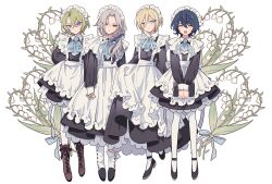  4boys alternate_costume ankle_strap aoba_tsumugi apron arm_behind_back ascot black_dress black_shoes blonde_hair blue_ascot blue_eyes blue_hair blue_ribbon boots brown_boots clipboard closed_eyes closed_mouth clothes_lift commentary_request crossdressing crossdressing_(mtf) dress enmaided ensemble_stars! facing_viewer floral_background flower frilled_apron frills grey_hair hair_between_eyes hair_ribbon highres holding holding_clipboard holding_hands lily_of_the_valley long_dress long_hair long_hair_between_eyes long_sleeves looking_at_viewer low_ponytail maid maid_apron maid_headdress male_focus male_maid meremero multiple_boys neck_ribbon open_mouth pantyhose past_fine_(ensemble_stars!) petticoat ponytail puffy_long_sleeves puffy_sleeves ran_nagisa red_eyes ribbon shoes short_dress short_hair skirt skirt_lift smile socks standing standing_on_one_leg tenshouin_eichi tomoe_hiyori violet_eyes white_apron white_background white_pantyhose white_ribbon white_socks 