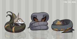  animal_focus arbok closed_mouth commentary_request fangs highres lying namako_(na_ma_koko) no_humans open_mouth pokemon pokemon_(creature) pokemon_focus reflection serperior seviper sleeping snake twitter_username 