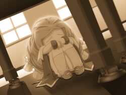  1girl 2000s_(style) aged_down child dress drill_(majo_no_ochakai) drill_hair full_body game_cg hiding hugging_own_legs indoors instrument kenki_fujioka long_hair majo_no_ochakai mary_janes monochrome non-web_source official_art parted_bangs piano quad_drills raised_inner_eyebrows remembering sepia shoes sitting socks solo window wooden_floor wristband 