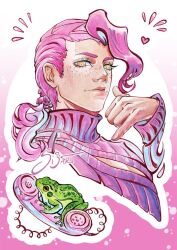  1boy bishounen clothing_cutout corded_phone english_commentary freckles frog heart jojo_no_kimyou_na_bouken long_bangs long_hair long_sleeves looking_at_viewer male_focus outline painting_(medium) phone pink_background pink_hair ponytail purple_sweater ribbed_sweater si3art signature smile solo sweater traditional_media turtleneck turtleneck_sweater vento_aureo vinegar_doppio watercolor_(medium) white_outline yellow_eyes 