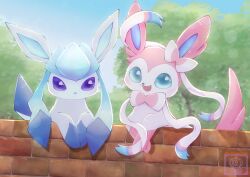  blue_eyes bow brick_wall commentary_request day fangs glaceon hall0weentrick highres lying no_humans outdoors pokemon pokemon_(creature) pokemon_focus ribbon shadow sidelocks smile sylveon tree twitter_username violet_eyes 