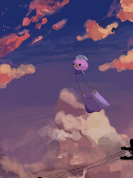  carrying closed_mouth clouds commentary_request ditto drifloon evening floating highres no_humans outdoors panjandoramu pokemon pokemon_(creature) pokemon_focus pokemon_pokopia power_lines purple_sky sky solid_circle_eyes solid_oval_eyes star_(sky) utility_pole 
