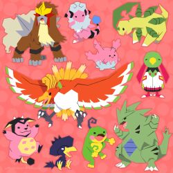  :> bayleef claws closed_mouth commentary corsola dotted_background english_commentary entei fangs flaaffy full_body highres ho-oh instagram_username miltank murkrow no_humans open_mouth outline pink_background pink_outline pokemon pokemon_(creature) pokemon_focus politoed sitting smile spiffychicken tyranitar xatu 