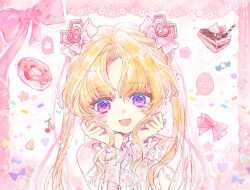  1girl arm_bow arm_warmers bare_shoulders bead_armlet beads blonde_hair border bow cake cake_slice candy chinese_commentary chocolate_cake cinnamon_stick commentary_request cone_hair_bun confetti double_bun doughnut dreamtime_bestowed_(infinity_nikki) dress eyelashes eyes_visible_through_hair food frilled_arm_warmers frilled_dress frills fruit hair_beads hair_bow hair_bun hair_ornament hair_ribbon hands_on_own_cheeks hands_on_own_face happy heart heart_hair_ornament infinity_nikki light_blush long_hair nikki_(series) open_mouth outline outside_border parted_bangs picture_frame pink_arm_warmers pink_border pink_bow pink_ribbon procreate_(medium) ribbon shuaige61505 sleeveless sleeveless_dress smile solo sparkle speech_bubble spoken_expression sprinkles straight-on strawberry twintails upper_body very_long_hair violet_eyes white_background white_dress white_outline 