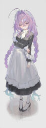  1girl adjusting_apron ahoge apron black_dress black_shoes blue_hair braid breasts character_request check_character closed_mouth colored_tips commentary crossed_bangs dot_nose dress frilled_dress frills funa_(sakana) grey_background hair_between_eyes hair_intakes half-closed_eyes highres hunae_(funa_(sakana)) light_blush long_hair long_sleeves maid_apron maid_headdress medium_breasts multicolored_hair necktie original overlighting purple_hair shoes short_necktie simple_background socks solo tile_floor tiles untranslatable_commentary very_long_hair violet_eyes white_apron white_necktie white_socks white_wrist_cuffs wrist_cuffs 