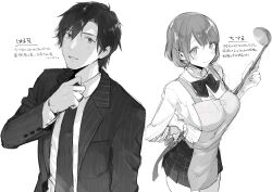  1boy 1girl absurdres adjusting_clothes adjusting_necktie apron blush bow bowtie closed_mouth collared_shirt commentary_request greyscale hand_up highres holding holding_ladle jacket ladle looking_at_viewer monochrome necktie open_clothes open_jacket original parted_lips pleated_skirt salaryman school_uniform shirt short_hair simple_background sketch skirt smile suihei_sen translation_request white_background wing_collar 