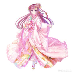  1girl asymmetrical_sidelocks blunt_ends cherry_blossoms closed_mouth coat cocoppa_dolls commentary_request copyright_notice crossed_legs floral_print floral_print_kimono flower flower_trim full_body hair_flower hair_ornament hand_on_own_chest hime_cut japanese_clothes kanzashi kikkoumon kikumon kimono koyuki_(cocoppa_dolls) lace-trimmed_kimono lace_shirt lace_trim layered_kimono long_hair looking_at_viewer obi official_art outstretched_arm pink_coat pink_flower pink_hair pink_kimono pink_lips pink_sash pink_shirt pink_theme print_kimono purple_flower sakuramon sandals sash seigaiha shirt shirt_under_kimono sidelocks simple_background sleeves_past_wrists socks solo standing straight_hair tabi tachi-e tassel tassel_hair_ornament tsumami_kanzashi v-bangs violet_eyes watson_cross white_background white_socks wide_sleeves wisteria zouri 