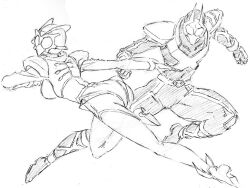  1boy 1girl alternate_costume alternate_universe armor bleach bodysuit breasts compound_eyes crossover full_body greyscale helmet inoue_orihime kamen_rider knee_up kubo_tite_(style) kurosaki_ichigo looking_at_viewer mask monochrome official_style pauldrons pose_imitation rakusakugk rider_belt shinkon_gattai_godannar!! shoulder_armor sketch skull_belt superhero_costume 