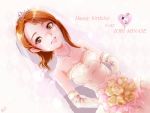  :d asaitori bare_shoulders bouquet brown_eyes brown_hair character_name dress elbow_gloves flower gloves happy_birthday highres idolmaster jewelry minase_iori necklace open_mouth ponytail smile solo tiara veil wedding_dress 