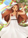  :d armpits bare_shoulders blue_sky blurry brown_eyes brown_hair depth_of_field dress flower hand_on_hat hat highres hitoto idolmaster long_dress long_hair looking_at_viewer minase_iori open_mouth rainbow sky smile solo sparkle sun_hat white_dress 