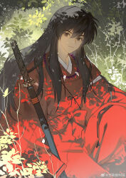  1boy absurdres aduanduanduanduanduanduanduanduan alternate_form bead_necklace beads black_eyes black_hair bush chinese_commentary closed_mouth commentary_request dappled_sunlight hair_between_eyes hakama highres inuyasha inuyasha_(character) japanese_clothes jewelry katana kimono leaf long_hair looking_at_viewer male_focus necklace plant ribbon-trimmed_sleeves ribbon_trim sheath sheathed sidelocks sitting solo sunlight sword tooth_necklace watermark weapon weibo_username weibo_watermark 