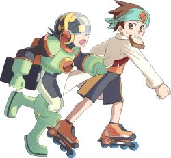  2boys annaki40734081 armor black_bodysuit black_shorts bodysuit brothers brown_hair coat commentary_request double_soul_(mega_man) full_body green_armor inline_skates lab_coat male_focus mega_man_(series) mega_man_battle_network_(series) megaman.exe multiple_boys numberman.exe orange_vest roller_skates shorts siblings simple_background skates twins vest white_background white_coat 