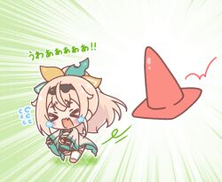  >_< 1girl black_gloves black_hairband blue_skirt blush_stickers brown_hair brown_sandals chibi closed_eyes commentary_request emphasis_lines fang fingerless_gloves flying_sweatdrops gloves hairband highres hololive kazama_iroha kazama_iroha_(1st_costume) long_hair long_sleeves mitarashi_neko open_mouth pleated_skirt ponytail running sandals skirt solo tears thigh-highs traffic_cone translation_request virtual_youtuber white_thighhighs wide_sleeves zouri 