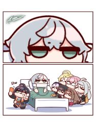 animal_ears belle_(zenless_zone_zero) cellphone hoshimi_miyabi hospital_bed hugo_vlad injury kuroij long_hair multiple_boys multiple_girls neck_brace phone selfie short_hair smartphone tsukishiro_yanagi vivian_banshee wise_(zenless_zone_zero) ye_shunguang yixuan_(zenless_zone_zero) zenless_zone_zero