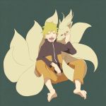  1boy barefoot blonde_hair closed_eyes creature crossover eyes_closed gamera-kanako green_background hand_on_another&#039;s_face happy male multiple_tails naruto ninetales pokemon pokemon_(creature) simple_background sitting smile tail teeth uzumaki_naruto 
