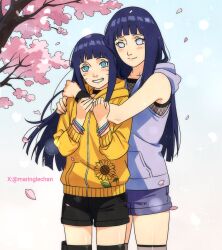  2girls bare_shoulders blue_eyes blue_hair blush boruto:_naruto_next_generations boruto:_two_blue_vortex bracelet byakugan cherry_blossoms chinese_commentary closed_mouth collarbone facial_mark fishnets flat_chest floral_print highres holding holding_another's_arm hood hoodie hug hyuuga_hinata jewelry legs mother_and_daughter multiple_girls nanxdaime naruto_(series) shorts simple_background sleeveless smile sunflower_print teeth thighs third-party_source tree uzumaki_himawari whisker_markings yellow_hoodie 