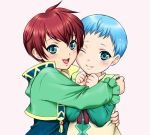  asbel_lhant blue_eyes blue_hair blush brothers child coat hubert_ozwell hug male multiple_boys red_hair redhead simple_background smile tales_of_(series) tales_of_graces usaginagomu white_background wink young 