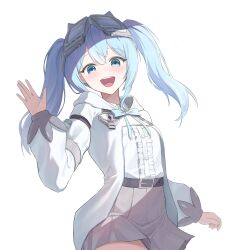  1girl :d absurdres arahashi_tabi arm_at_side belt belt_buckle black_belt blue_eyes blue_hair buckle buttons center_frills clothing_cutout commentary compass cowboy_shot double-parted_bangs frilled_shirt frills goggles goggles_on_head grey_skirt hand_up highres hood hood_down hoodie long_hair long_sleeves looking_at_viewer miniskirt multicolored_hair open_mouth pleated_skirt shirt simple_background skirt smile solo standing stellive stomach_cutout streaked_hair tube_kim11 twintails untranslatable_commentary virtual_youtuber white_background white_hoodie white_shirt 