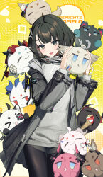  1girl absurdres airseal angelina_(arknights) animal_ear_fluff ardelia_(arknights) arknights arknights:_endfield black_coat black_hair black_pantyhose character_request chen_qianyu_(arknights) coat commentary_request dragon_bean_(arknights) dusk_(arknights) endministrator_(arknights) eyjafjalla_(arknights) female_endministrator_(arknights) gilberta_(arknights) grey_sweater highres holding laevatain_(arknights) layered_sleeves long_sleeves medium_hair open_mouth pantyhose perlica_(arknights) rossi_(arknights) surtr_(arknights) sweater tangtang_(arknights) white_sweater yellow_background yvonne_(arknights) 