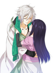  1boy 1girl alternate_costume arm_around_waist black_gloves blunt_bangs blush chest_tattoo closed_eyes closed_mouth collarbone couple curly_hair fingerless_gloves from_side gloves green_scarf hair_between_eyes happy hetero high_collar hug hyuuga_hinata japanese_clothes layered_clothes leaning_forward light_smile long_sleeves naruto:_the_last naruto_(series) ootsutsuki_toneri purple_hair rororororo scarf second-party_source skirt straight_hair tattoo upper_body white_background white_hair wide_sleeves 