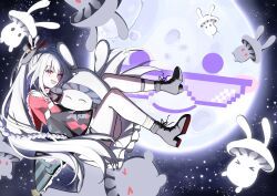  1girl absurdres alice_(alesssu) bell black_boots black_gloves black_hat boots braid breasts clothing_cutout collar diamond_(shape) diamond_facial_mark diamond_on_cheek facial_mark frilled_collar frilled_skirt frilled_sleeves frills full_body full_moon gloves grey_hair hat hat_ornament heart heart_facial_mark heart_on_cheek highres honkai:_star_rail honkai_(series) hugging_object laughing long_hair long_sleeves looking_at_viewer looking_to_the_side lying mark_under_both_eyes mini_hat mini_top_hat moon multicolored_hair night open_mouth outdoors pink_eyes plaid_clothes plaid_sleeves rabbit_ear_headwear rabbit_hat_ornament red_shirt shirt shoulder_cutout single_glove skirt sky smile solo space sparkle_(honkai:_star_rail) sparxie_(honkai:_star_rail) star_(sky) supplicant_mask thigh_strap top_hat twintails very_long_hair white_hair white_skirt wide_sleeves 