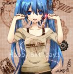  arms_up blue_eyes blue_hair clothes_writing happy_birthday hatsune_miku ichinose_yukino long_hair looking_at_viewer open_mouth solo twintails vocaloid 