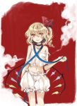  1girl :p blonde_hair bloomers camisole flandre_scarlet hair_ribbon midriff navel red_eyes ribbon shiina_aya solo strap_slip tongue touhou underwear underwear_only wings 